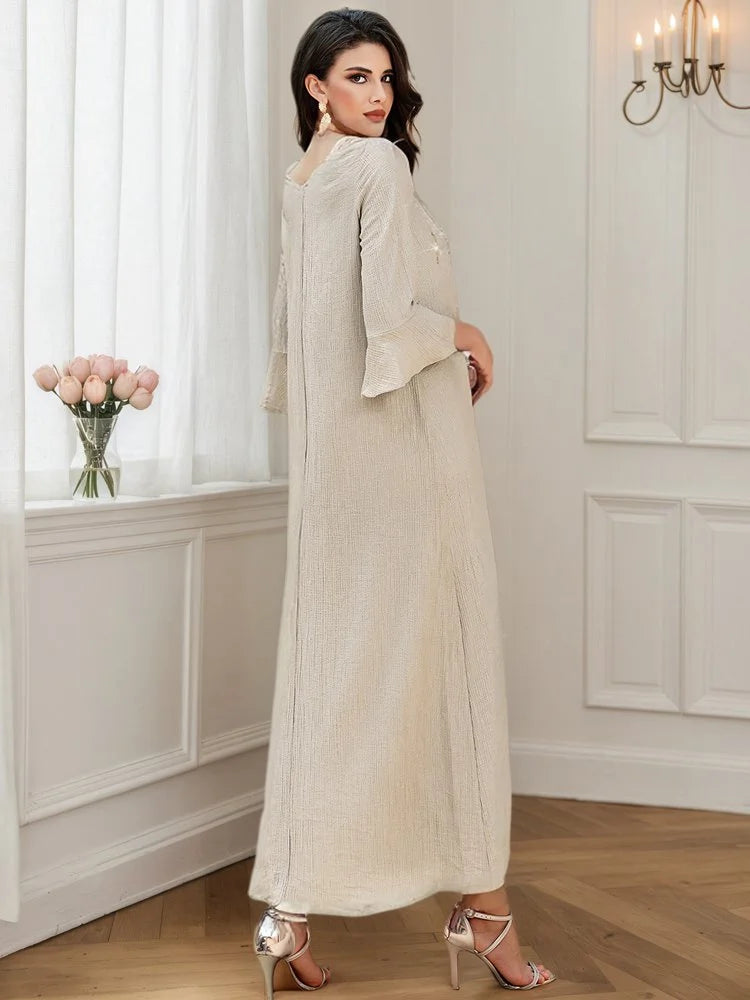 Flare Sleeve Hotfix Rhinestone Beads Wrinkle Eid Caftan Kaftan Dress #255097