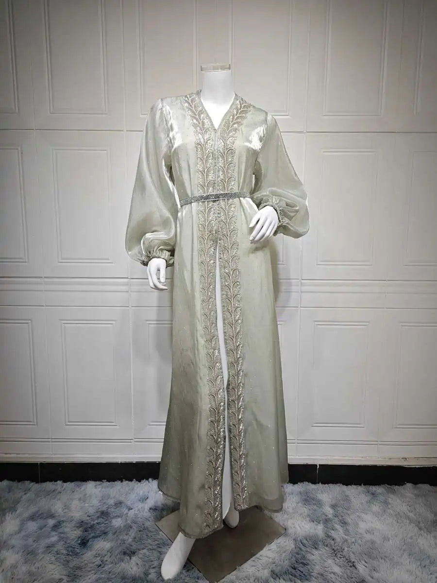 Ensemble 2 pièces avec strass Hotfix et robe caftan sans manches #25453