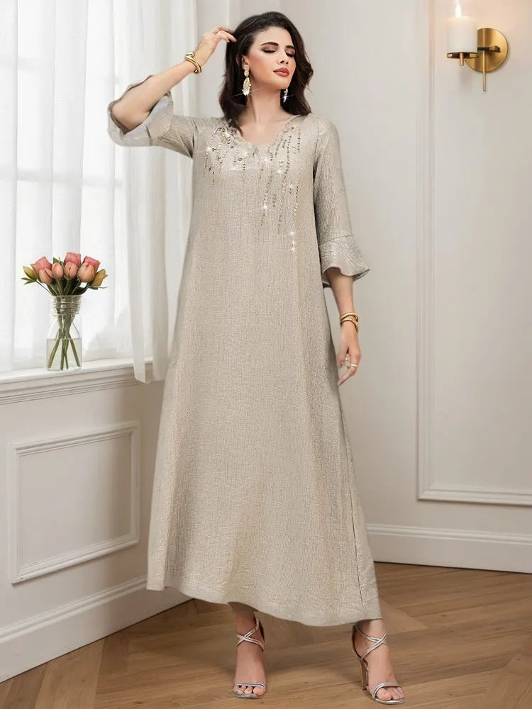 Robe caftan froissée à manches évasées et strass thermocollants #255097