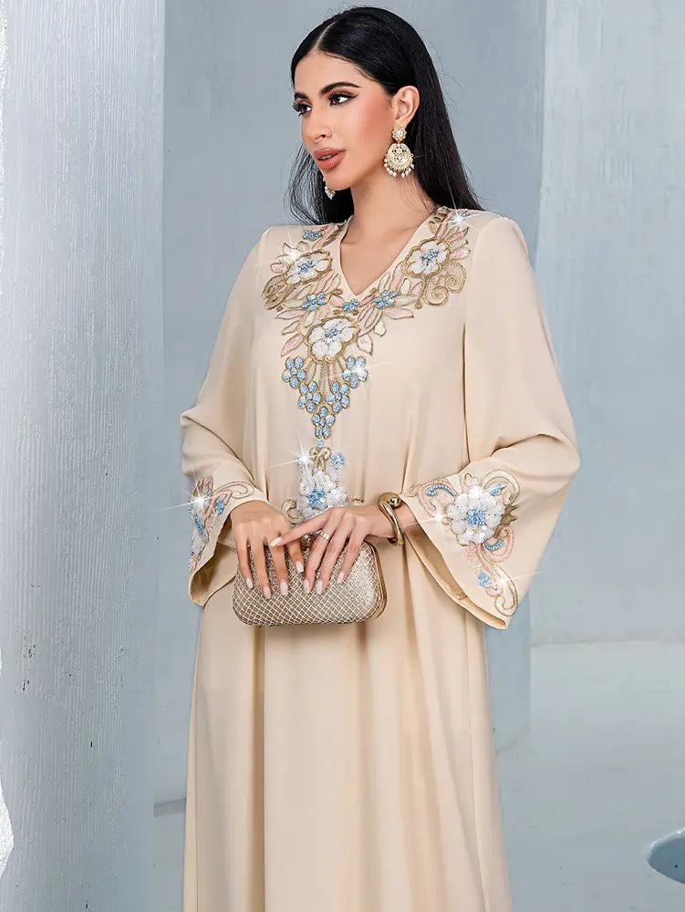 Flower Embroidery Beads Eid Caftan Kaftan Dress #254120