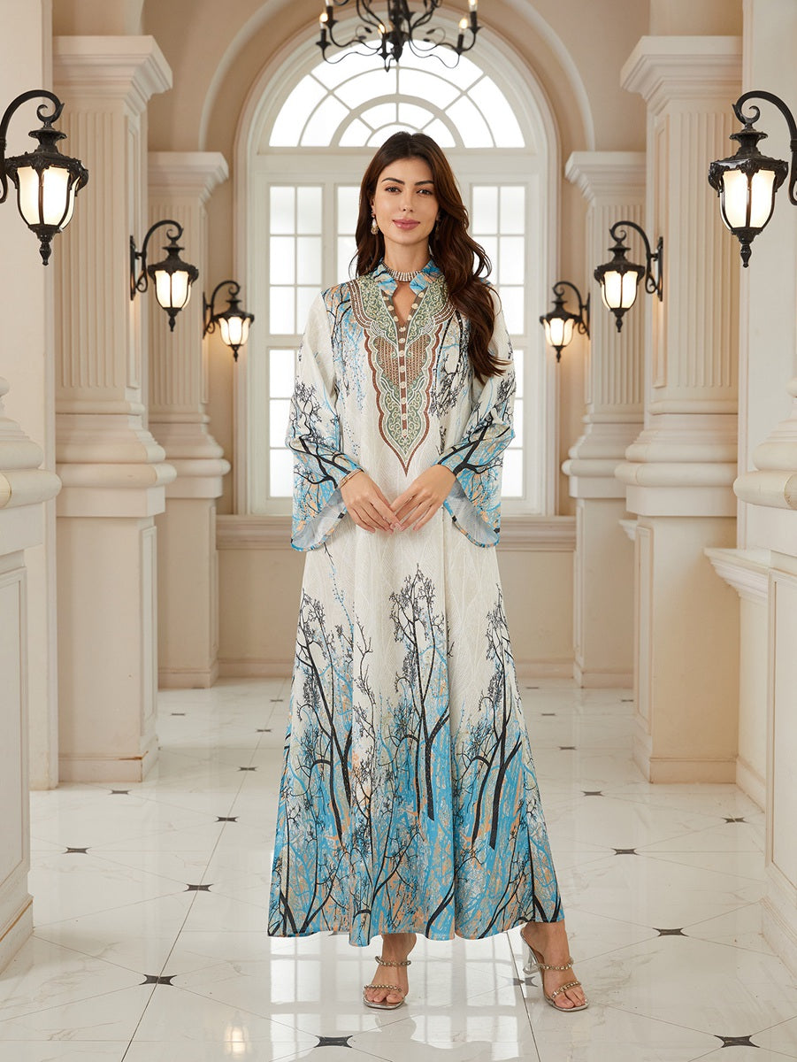 Jacuqard Printed Caftan Kaftan Dress For Women - Mukhawar Jalabiya Eid Dress - Light Blue - #26N05