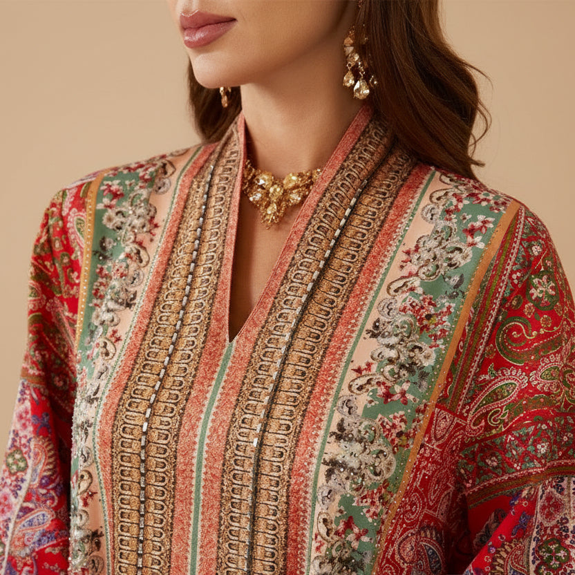 Eid Red Printed Muslim Women Caftan Kaftan Dress #26SX01