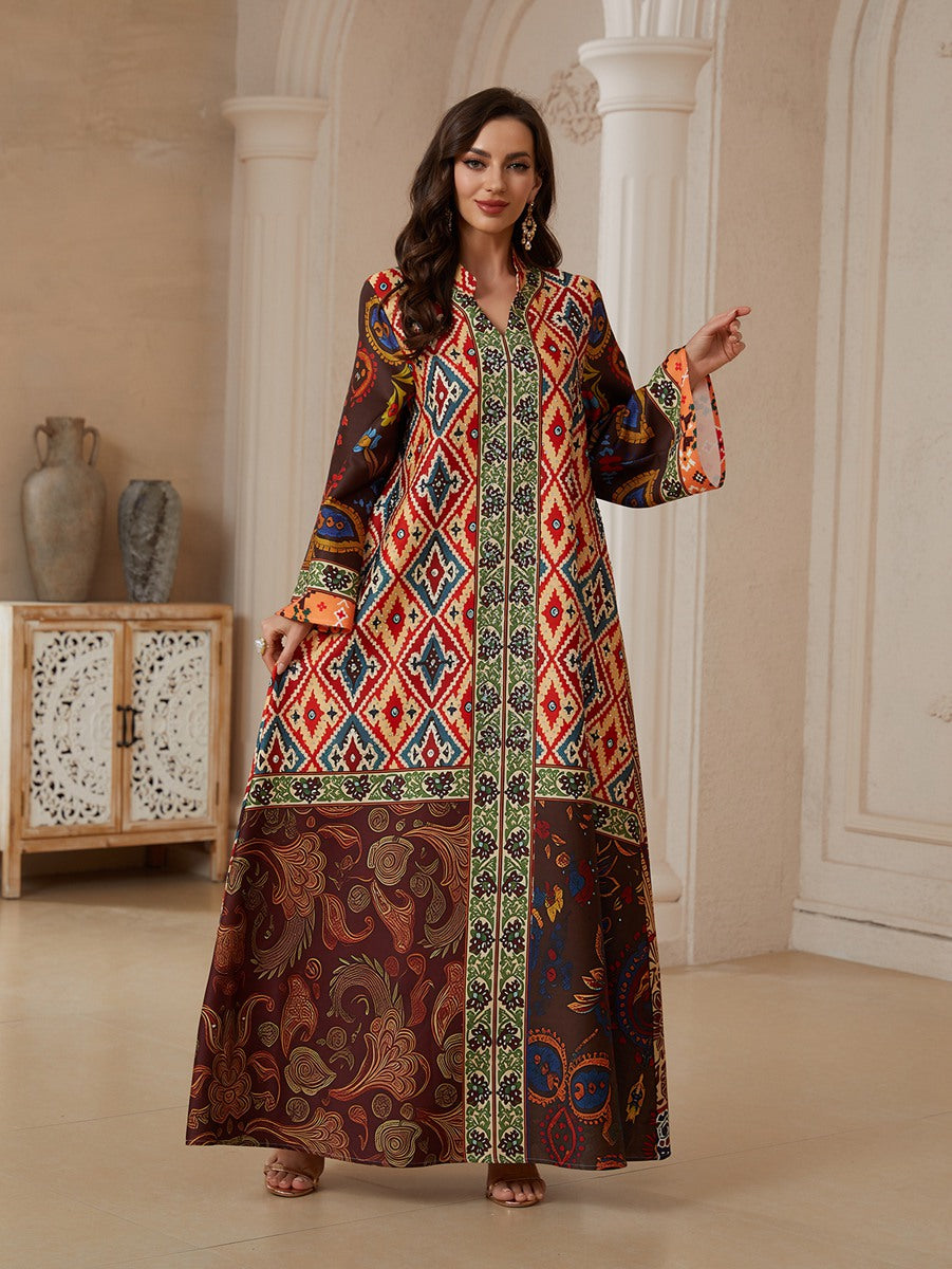 Hotfix Rhinestones Printed Caftan Kaftan Dress For Women - Mukhawar Jalabiya Eid Dress - Maroon - #26S2607