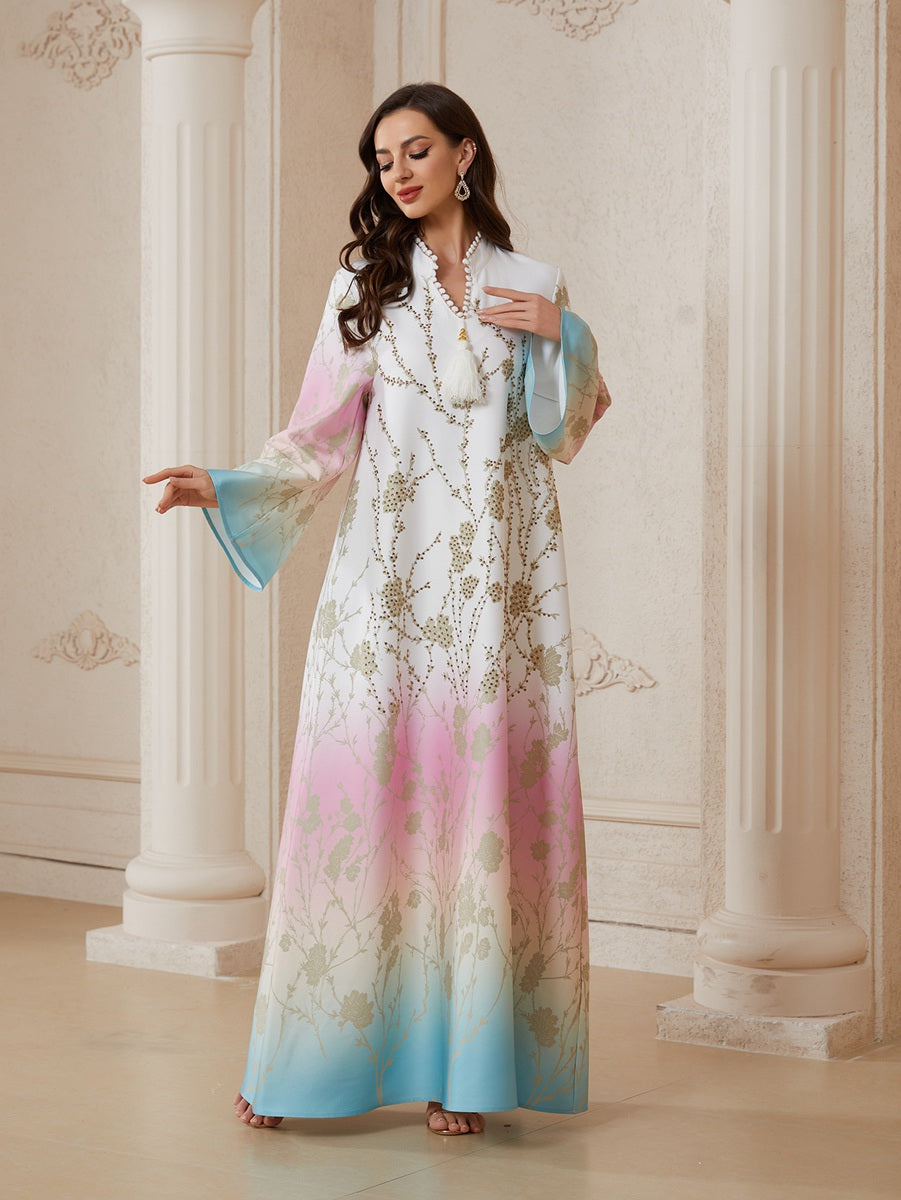 Hotfix Rhinestones Beads Gradient Color Caftan Kaftan Dress - Mukhawar Jalabiya Eid Dress - #26S2609