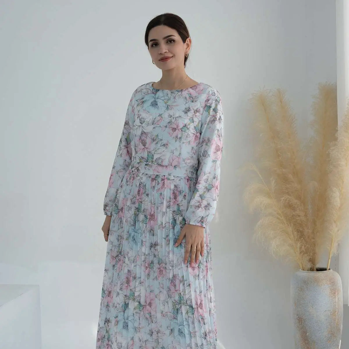 Robe Abaya plissée en mousseline de soie imprimée pour femmes musulmanes
