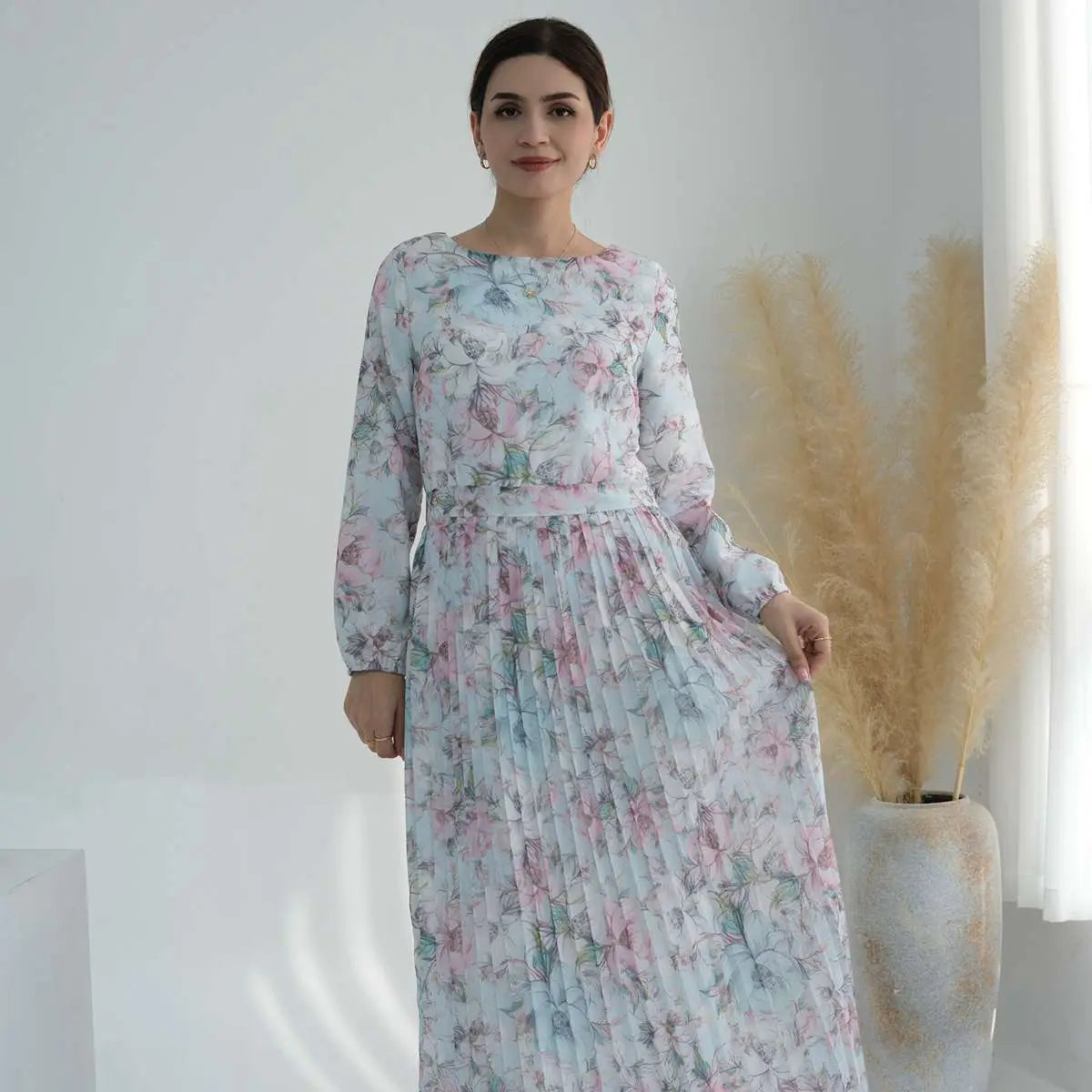 Robe Abaya plissée en mousseline de soie imprimée pour femmes musulmanes