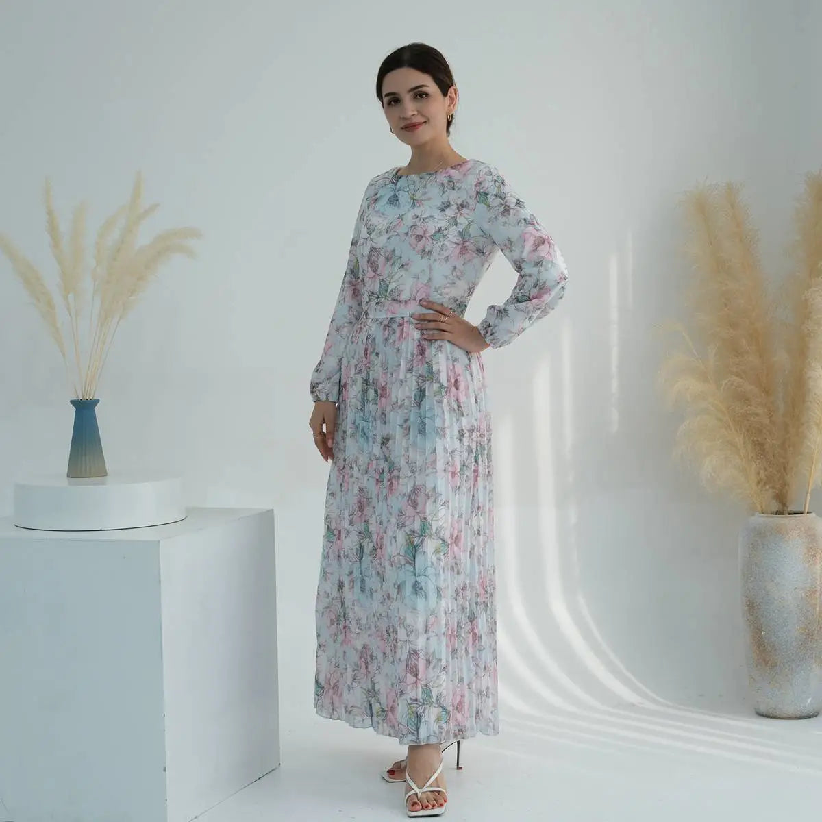 Robe Abaya plissée en mousseline de soie imprimée pour femmes musulmanes
