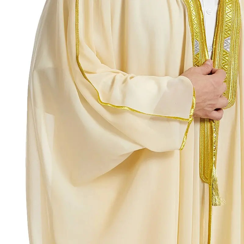Tissu en mousseline de soie Bisht pour hommes arabes musulmans islamiques avec pompons et broderie
