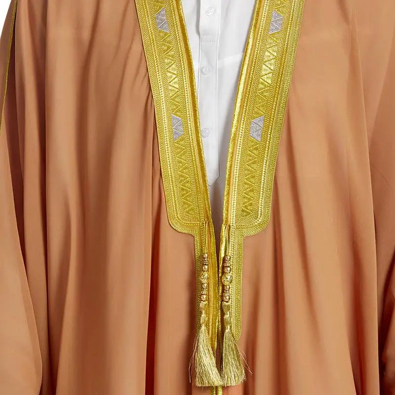 Tissu en mousseline de soie Bisht pour hommes arabes musulmans islamiques avec pompons et broderie