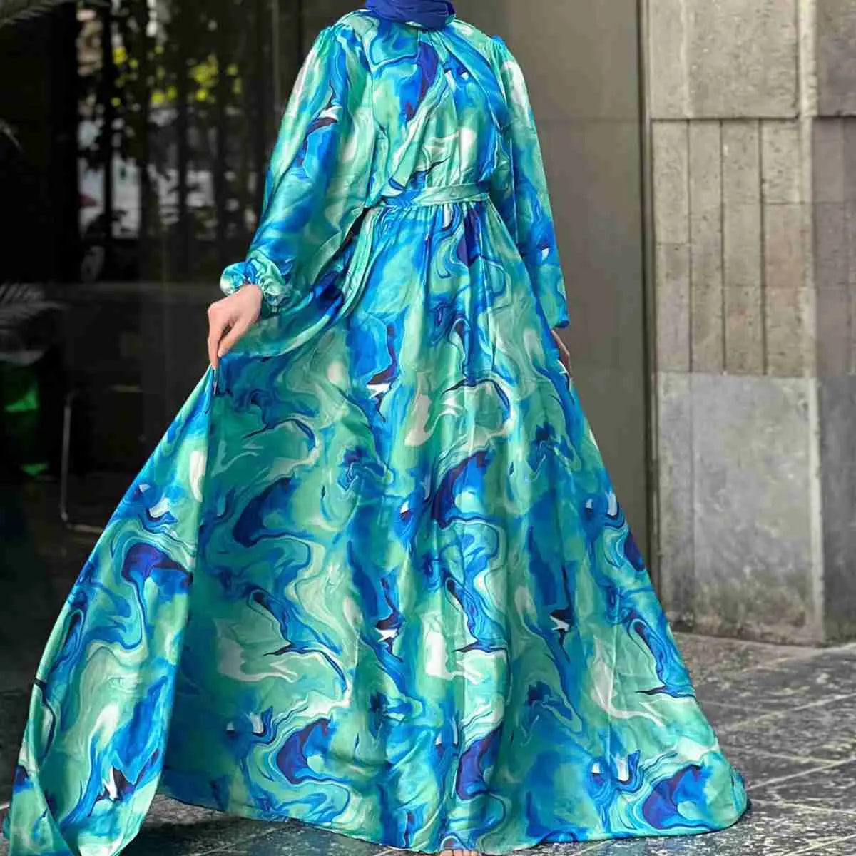 Robe Abaya en satin imprimée pour femmes musulmanes