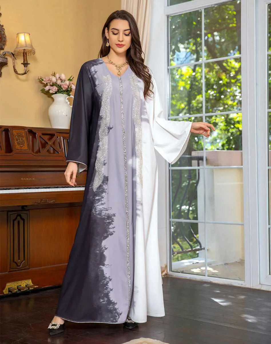 Robe caftan brodée tie-dye avec strass, pour femme, tenue de l'Aïd et de célébration