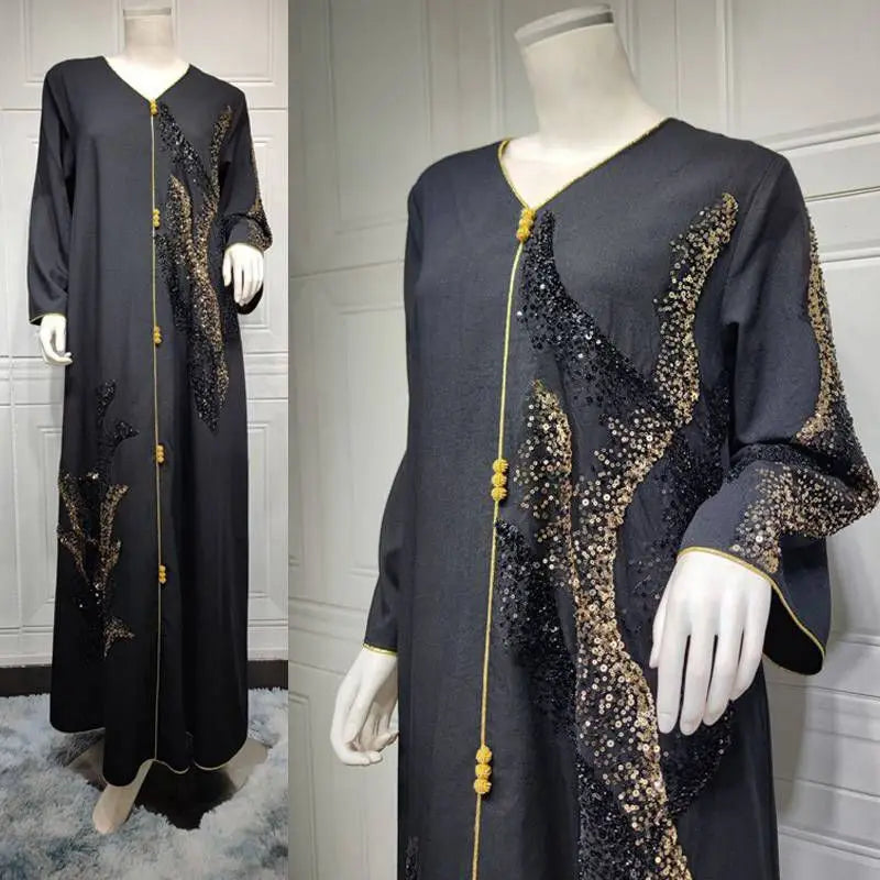 Robe caftan brodée en coton mélangé à paillettes