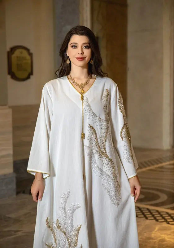 Robe caftan brodée en coton mélangé à paillettes