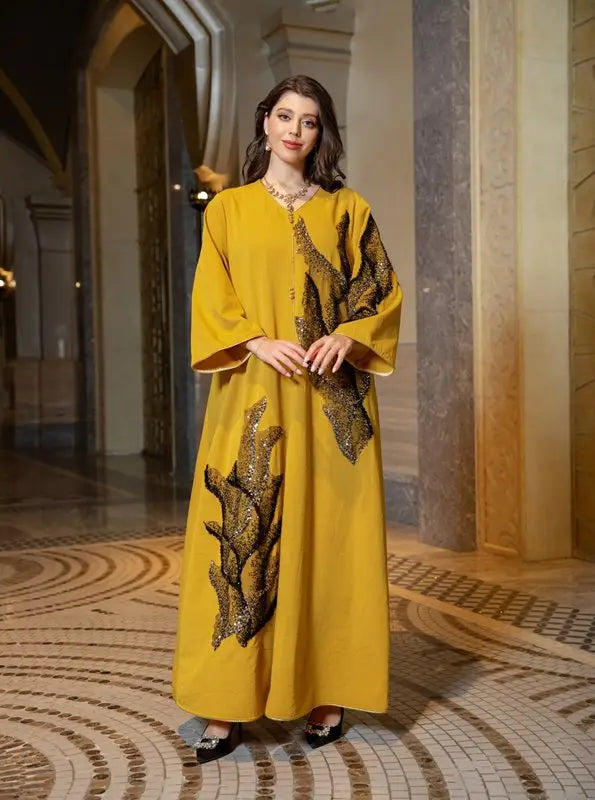 Robe caftan brodée en coton mélangé à paillettes