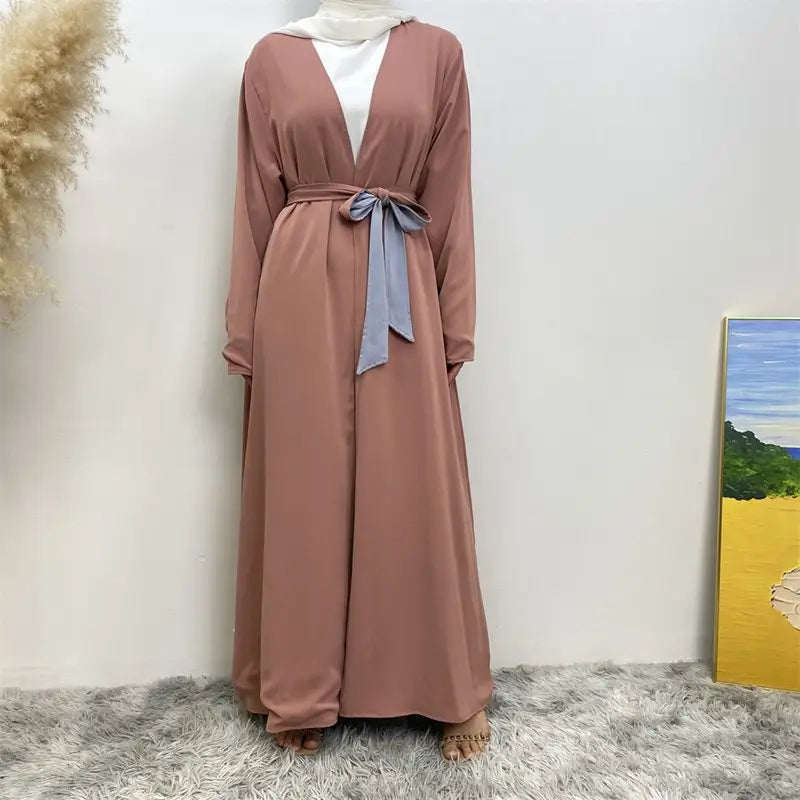 Reversible Solid Color Muslim Women Open Abaya Dress With Pocket