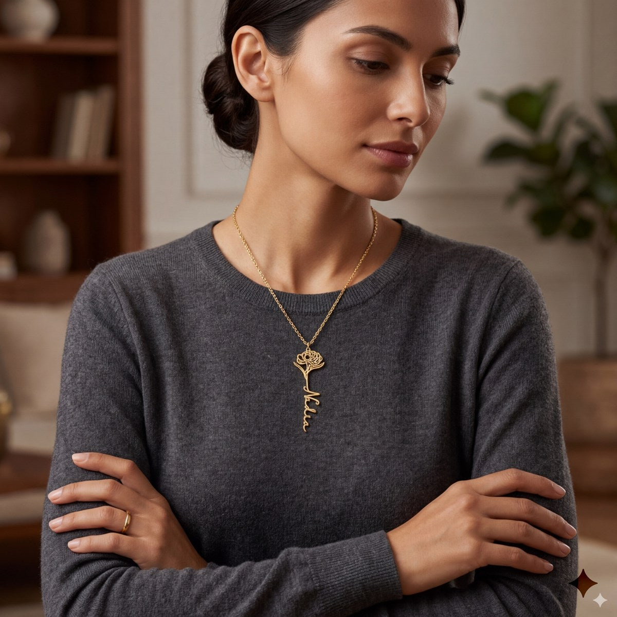 Personalized Name Necklace with Birth Flower - Arabic & English