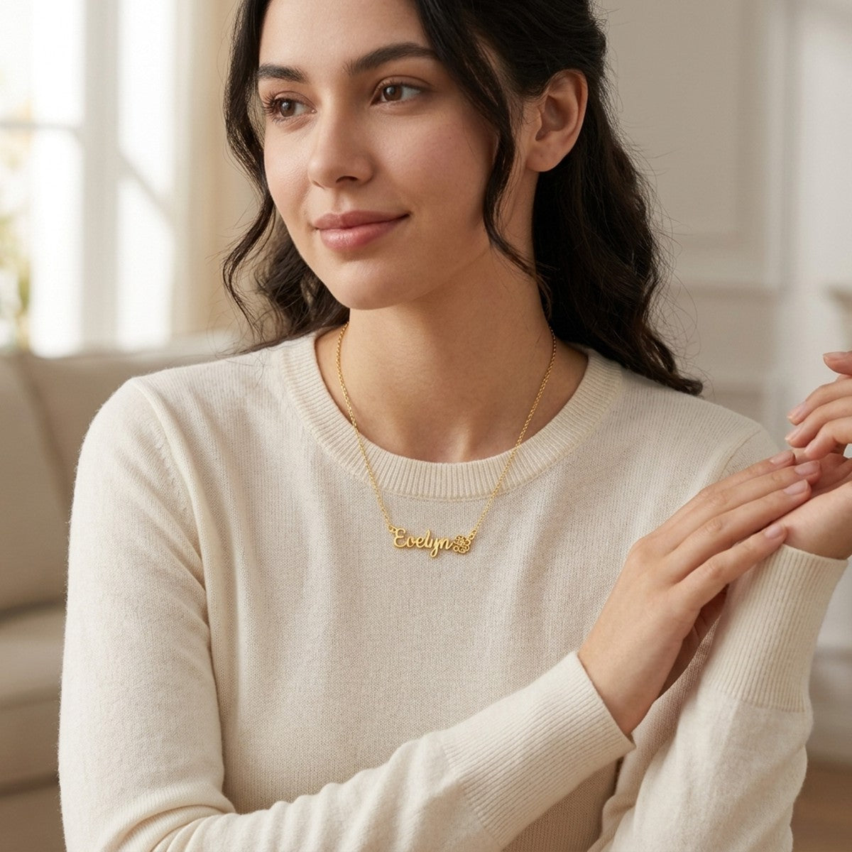 Personalized Name Necklace with Birth Flower Bouquet - Arabic & English #3