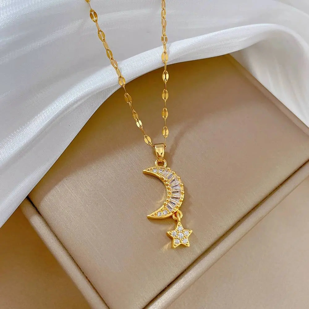 Moon And Star Necklace Titanium Steel With Box #UNG126