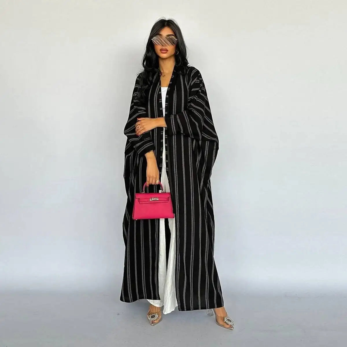 Robe Abaya ouverte en cardigan pour femme - Imprimé à rayures - Coton