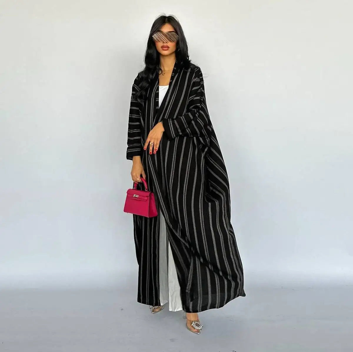 Robe Abaya ouverte en cardigan pour femme - Imprimé à rayures - Coton