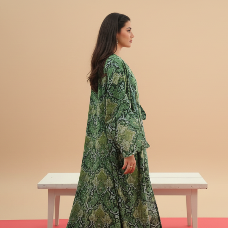 Matching Hijab Green Floral Printed Cardigan Open Abaya Dress