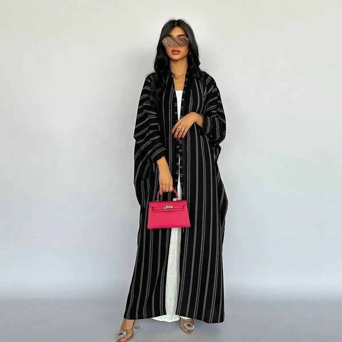 Robe Abaya ouverte en cardigan pour femme - Imprimé à rayures - Coton