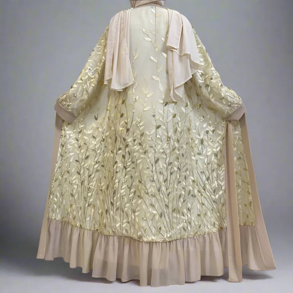 Robe Abaya ouverte en dentelle brodée de feuilles pour femmes musulmanes