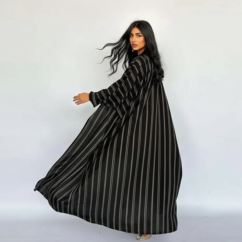 Women Cardigan Open Abaya Dress - Stripe Printed - Cotton