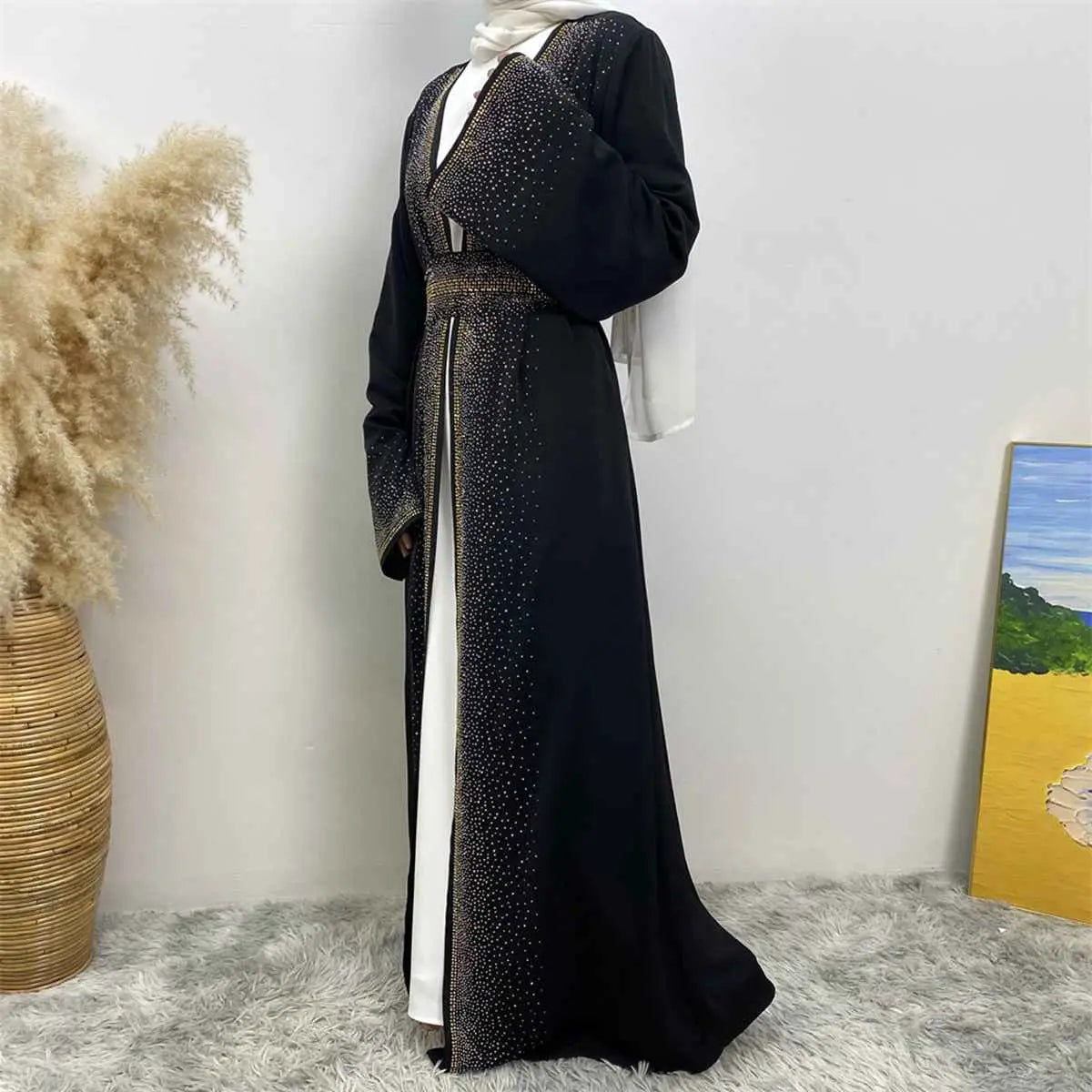 Robe Abaya ouverte Nida avec poche et strass Hotfix