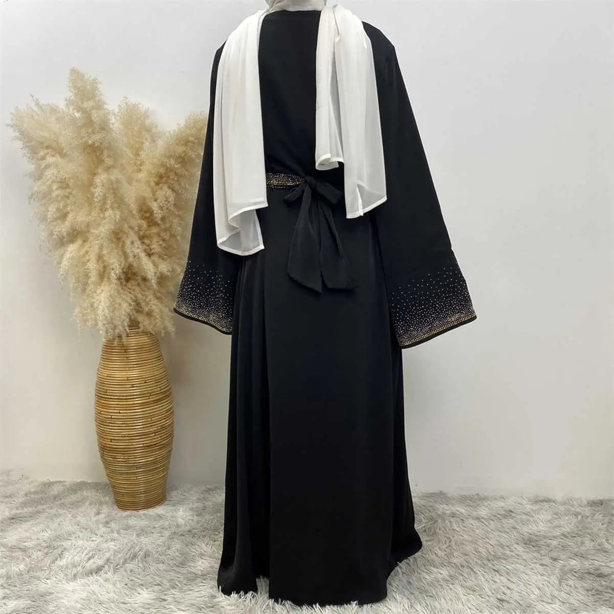 Robe Abaya ouverte Nida avec poche et strass Hotfix