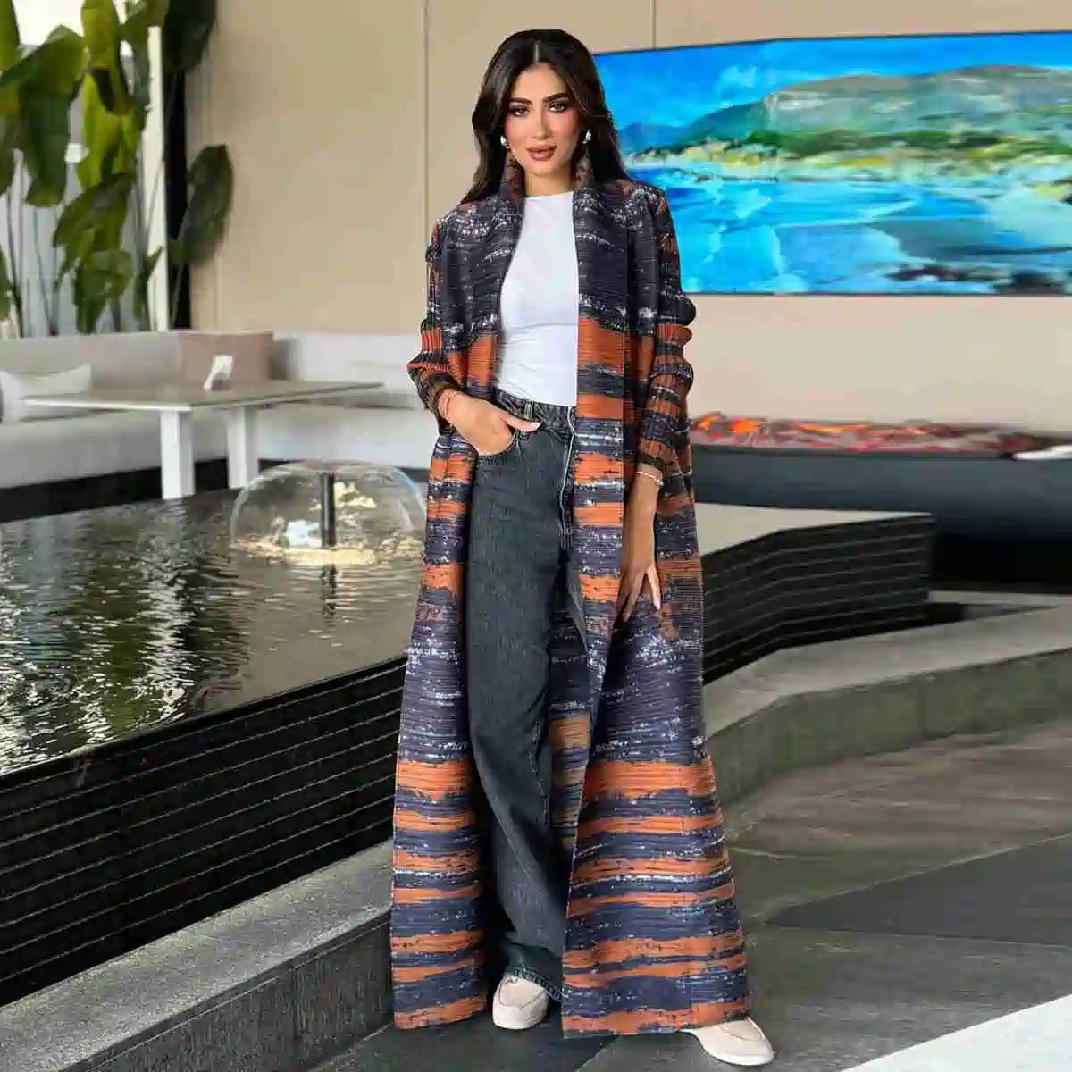 Robe Abaya ouverte à manches plissées et imprimé cardigan #25175