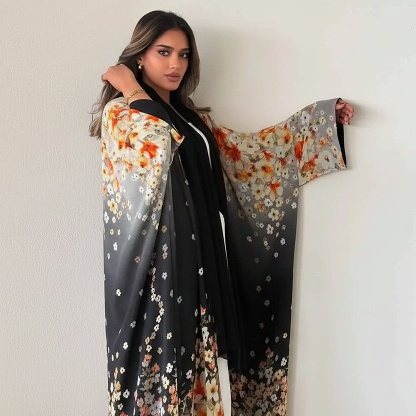 Cardigan Open Abaya Dress - Printed - Chiffon - #25203