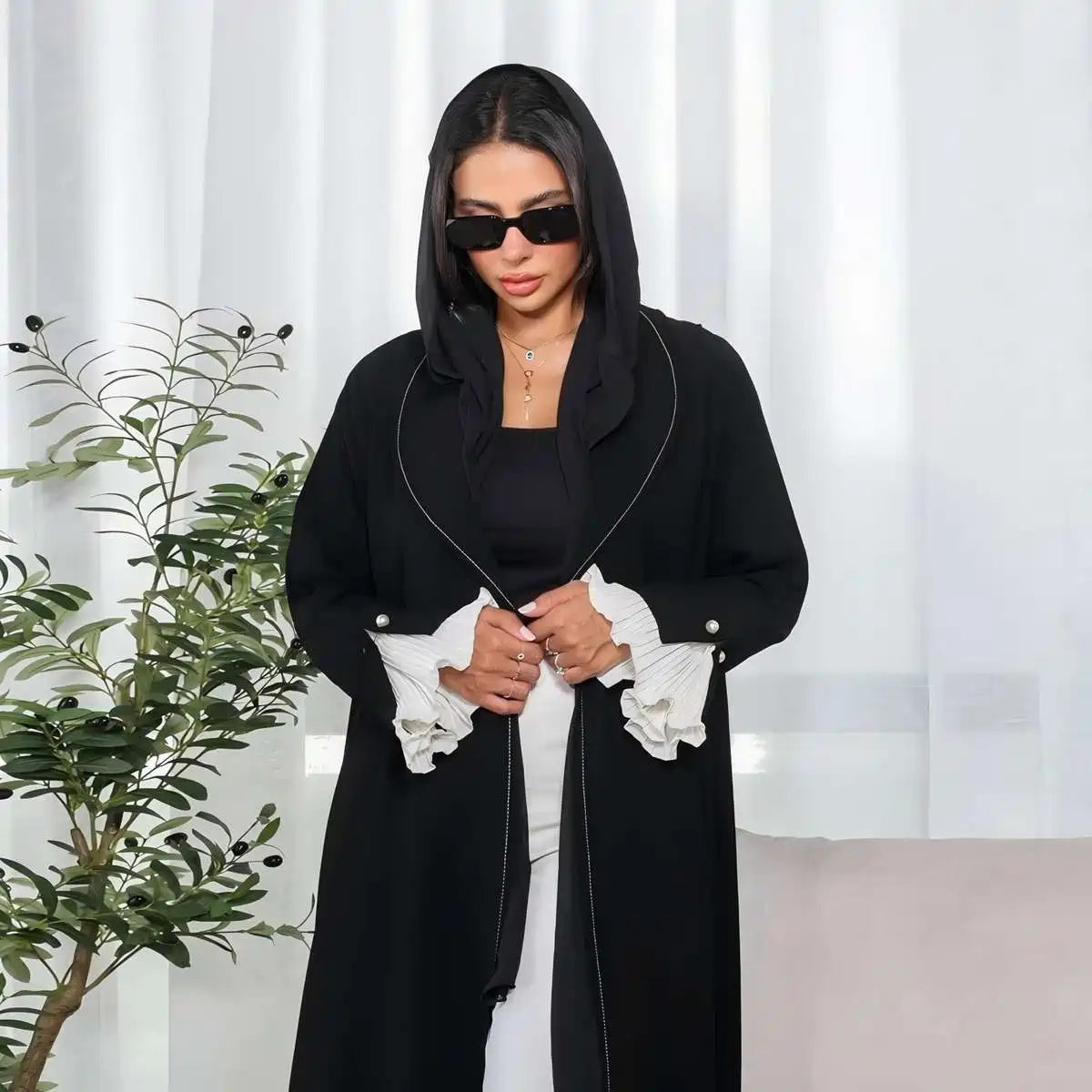 Robe Abaya ouverte en cardigan - Manches plissées - Noir - #25170
