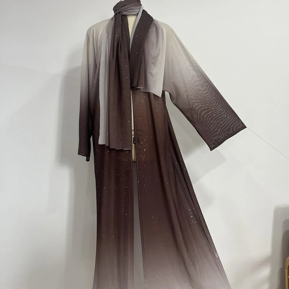 Gradient Glitter Open Abaya Dress With Matching Hijab #25797