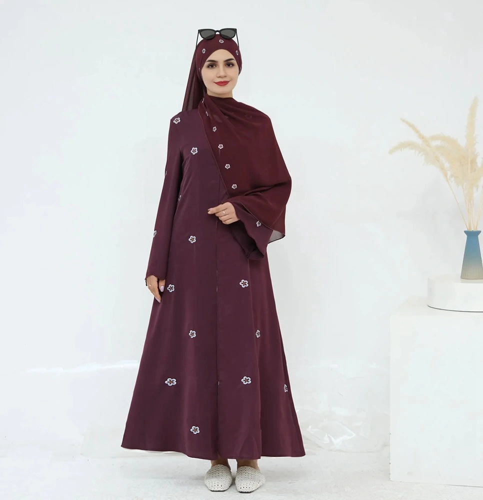 Robe Abaya ouverte brodée de luxe avec hijab assorti #251027