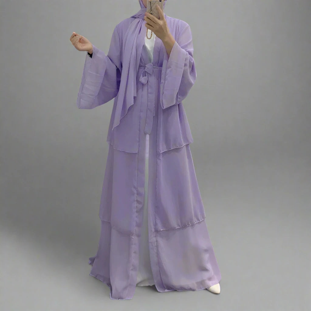 Robe Abaya ouverte en mousseline de soie à 3 couches pour femmes musulmanes avec hijab