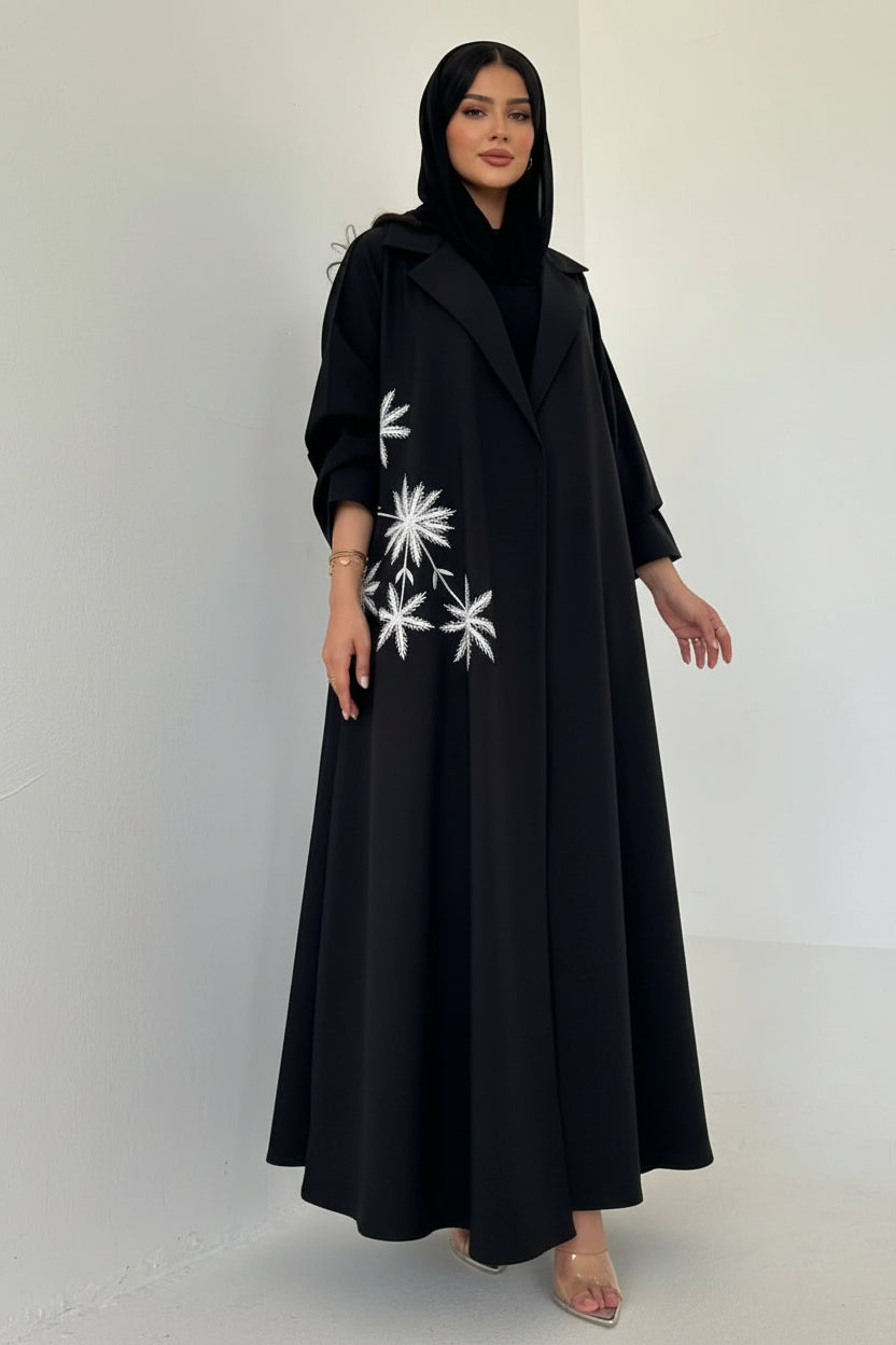 Robe Abaya ouverte en cardigan - Broderie - Noir - #25196