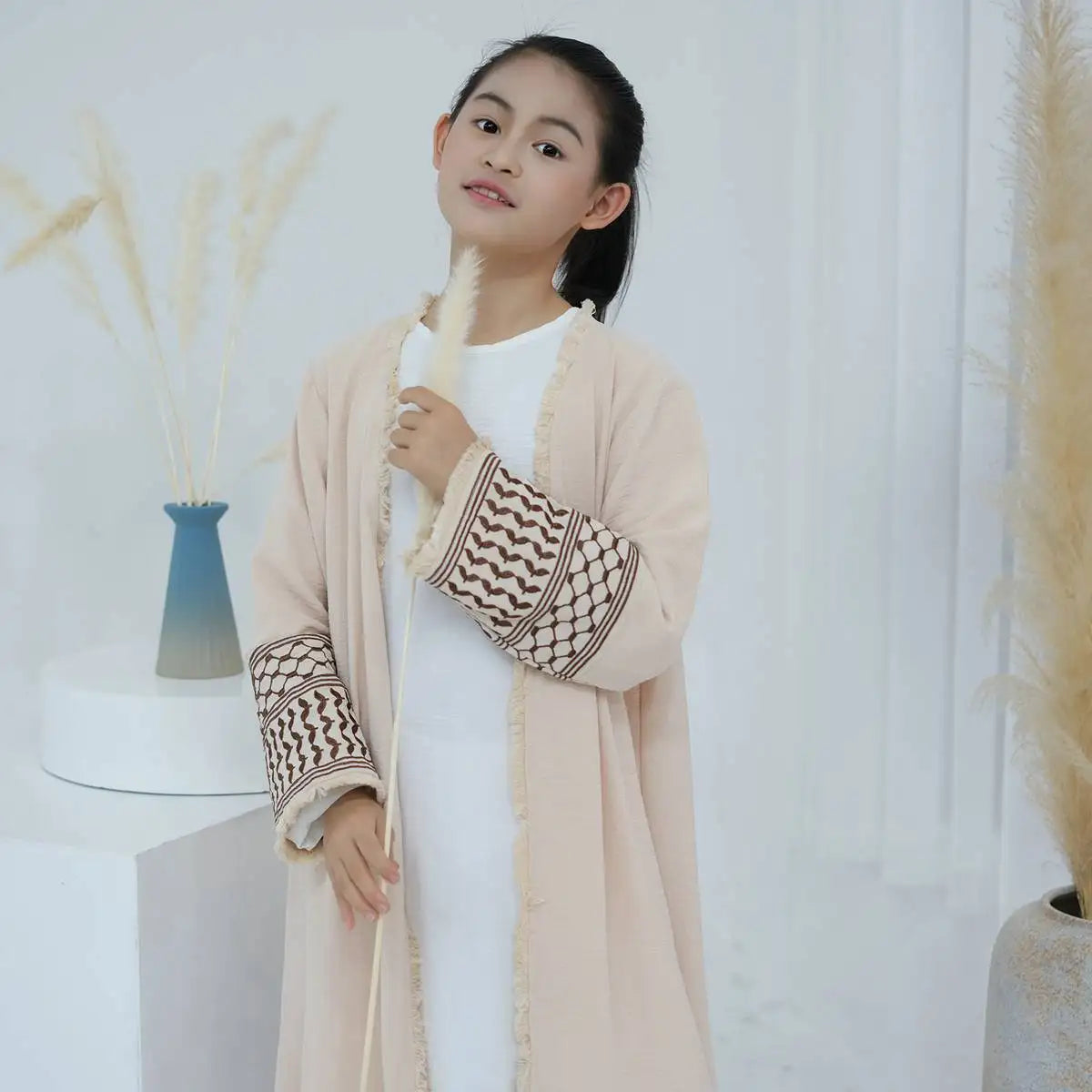 Arab Muslim Mother And Daughter Girl Matching Embroidery Tassel Sleeve Cardigan Open Abaya Dress