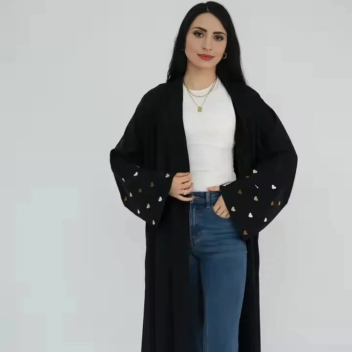 Robe Abaya ouverte avec cardigan Nida brodé en forme de cœur pour femmes musulmanes