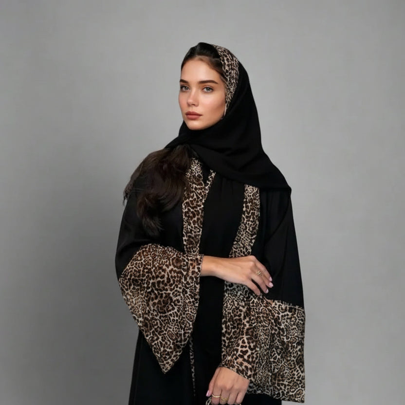Leopard Printed Cardigan Open Abaya Dress With Matching Hijab #25194