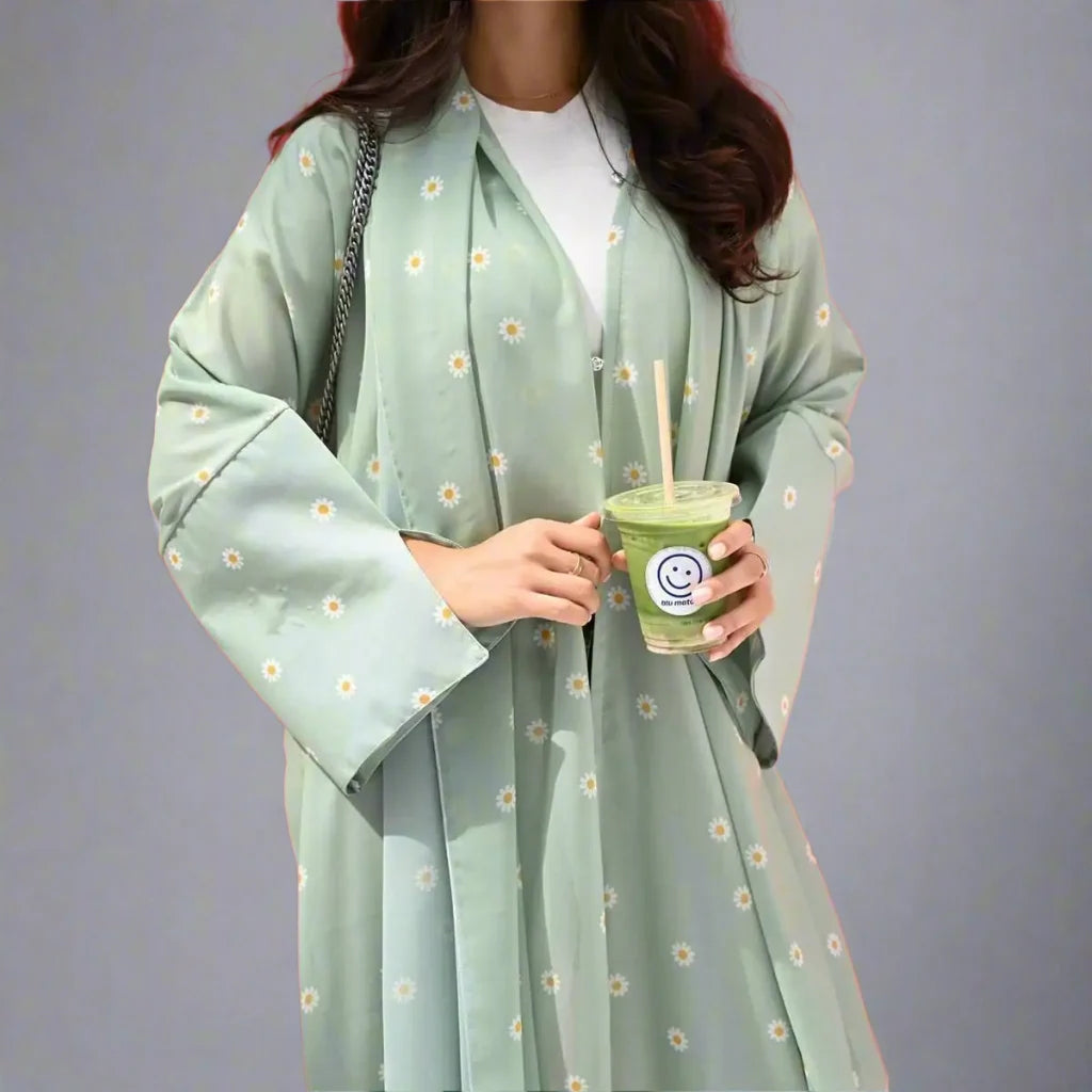 Robe abaya ouverte à imprimé floral vert clair