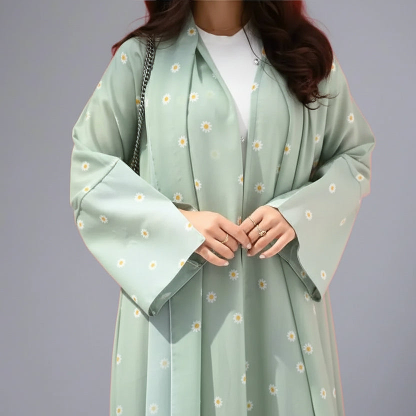 Robe abaya ouverte à imprimé floral vert clair