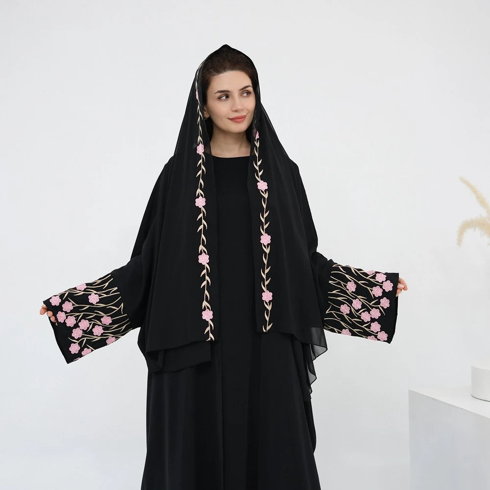 Robe abaya ouverte à manches brodées Nida avec hijab assorti #251051
