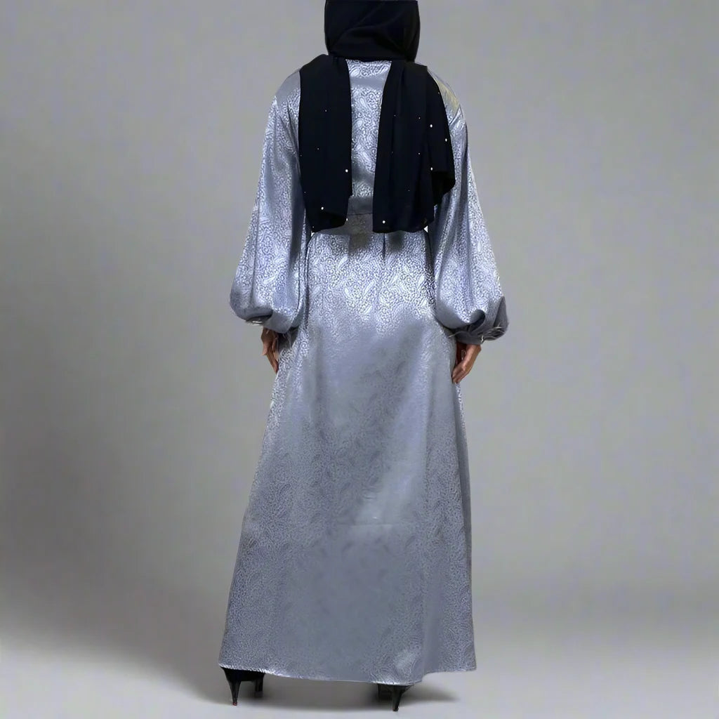 Robe Abaya en satin imprimé pour femmes musulmanes, cardigan ouvert, manches bouffantes en plumes