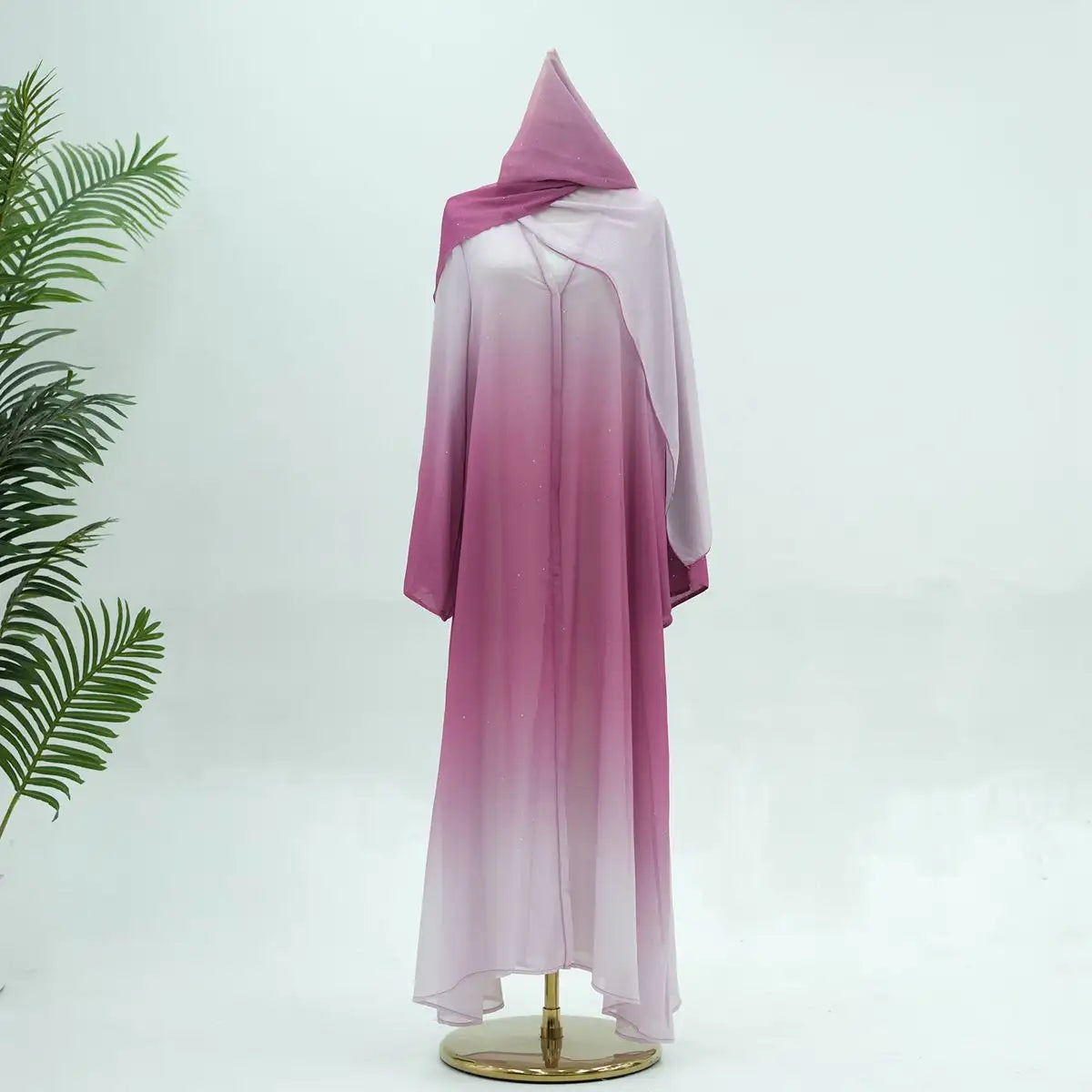 Gradient Glitter Chiffon Open Abaya Dress With Matching Hijab