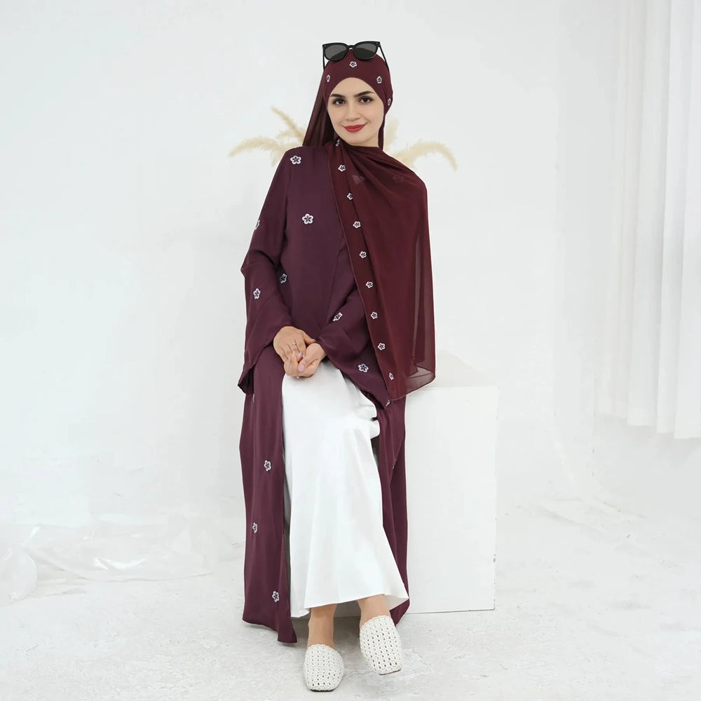Robe Abaya ouverte brodée de luxe avec hijab assorti #251027