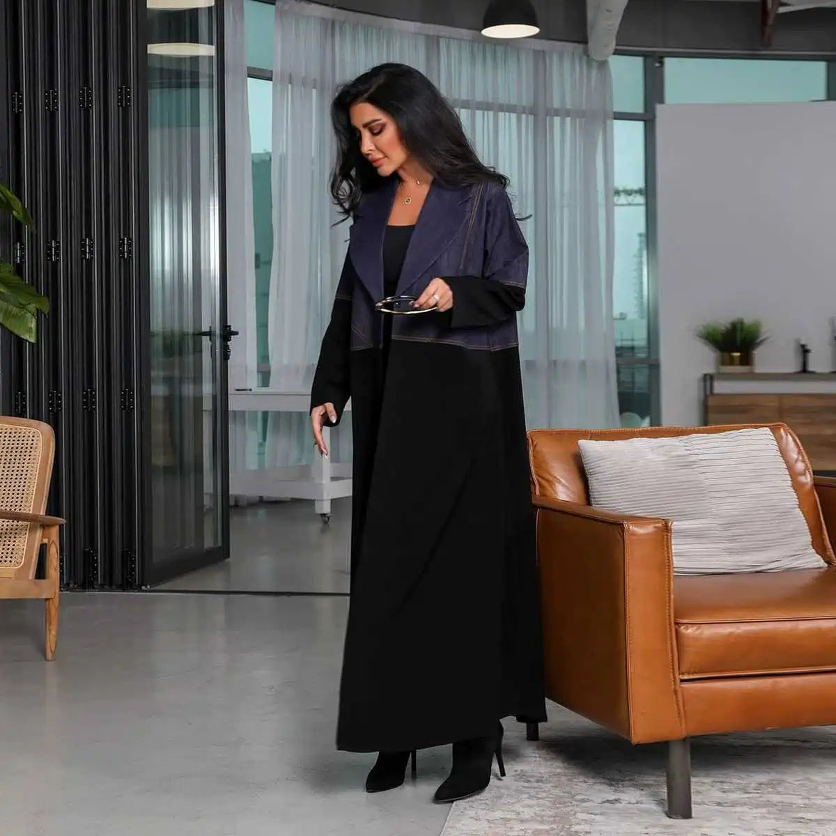 Cardigan Open Abaya Dress - Denim Patchwork - #25183