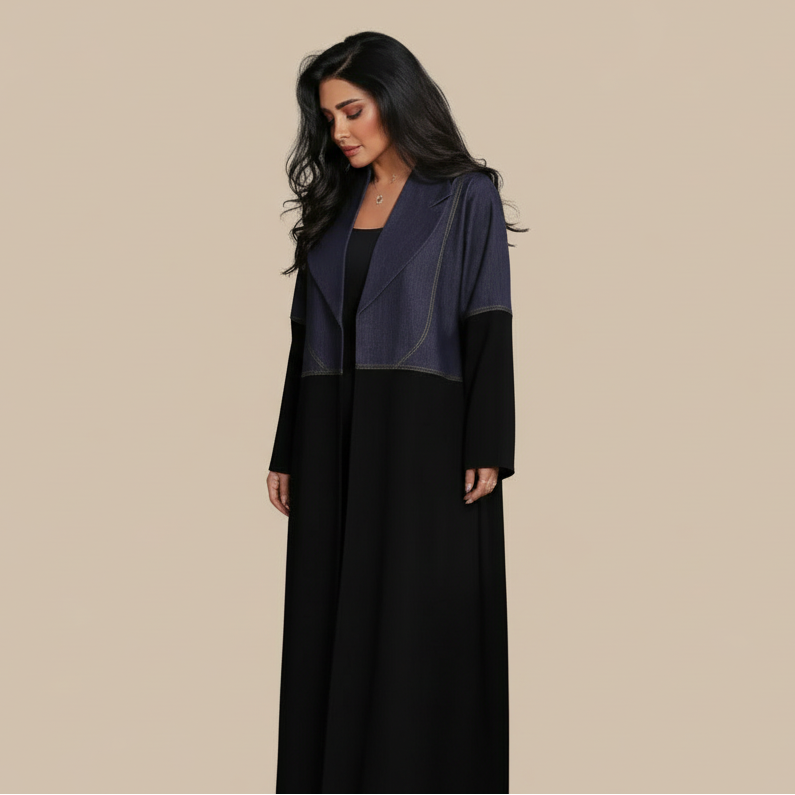Robe Abaya ouverte en cardigan - Patchwork en denim - #25183