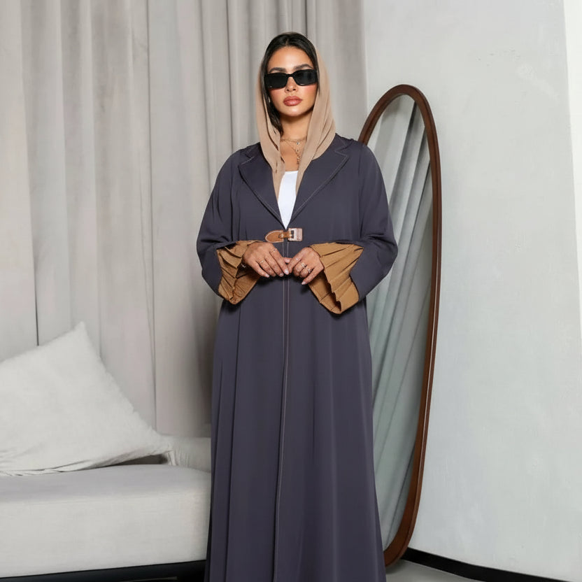 Women Open Abaya Dress - Pleated - Velvet Satin - Gray - #25171