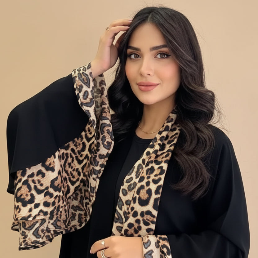 Leopard Print Cuff Cardigan Open Abaya Dress